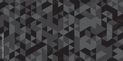 Abstract geometric black and gray background seamless mosaic and low polygon triangle texture wallpaper. Triangle shape retro wall grid pattern geometric ornament tile  vector square element.
