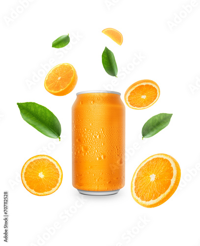 Aluminum orange soda can and falling juicy oranges with green leaves isolated on background. Flying defocusing slices of oranges. Applicable for fruit juice advertising, transparent background