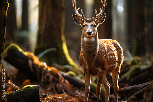 Dybowski's sika deer or Manchurian sika deer, Cervus nippon dybowski. in the forest looking directly at the camera photo
