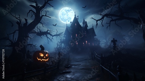 Spooky halloween house night photography image Ai generated art