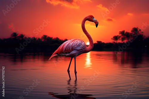 Beautiful pink flamingo in lake with reflection on beautiful sunset background. Generative AI