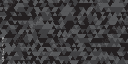 Abstract geometric black and gray background seamless mosaic and low polygon triangle texture wallpaper. Triangle shape retro wall grid pattern geometric ornament tile vector square element.