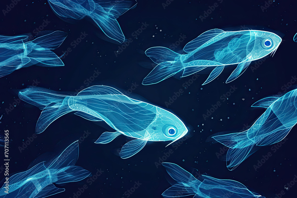 Isolated fantasy bioluminescent fish swimming in the water - obrazy, fototapety, plakaty 