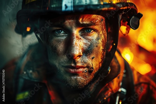 A courageous firefighter, his face smudged with soot, bravely battles the fiery flames in his protective helmet