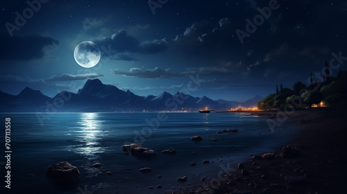 night landscape with moon and sea  Sunset over the sea  moon over the ocean  moonlight over the sea   Ai generated image