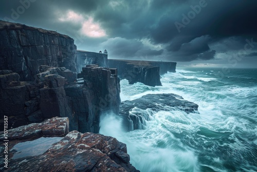 A tumultuous storm rages above the rugged cliffs, as crashing waves and turbulent tides clash against the rocky shore, creating a dramatic seascape in this breathtaking outdoor landscape