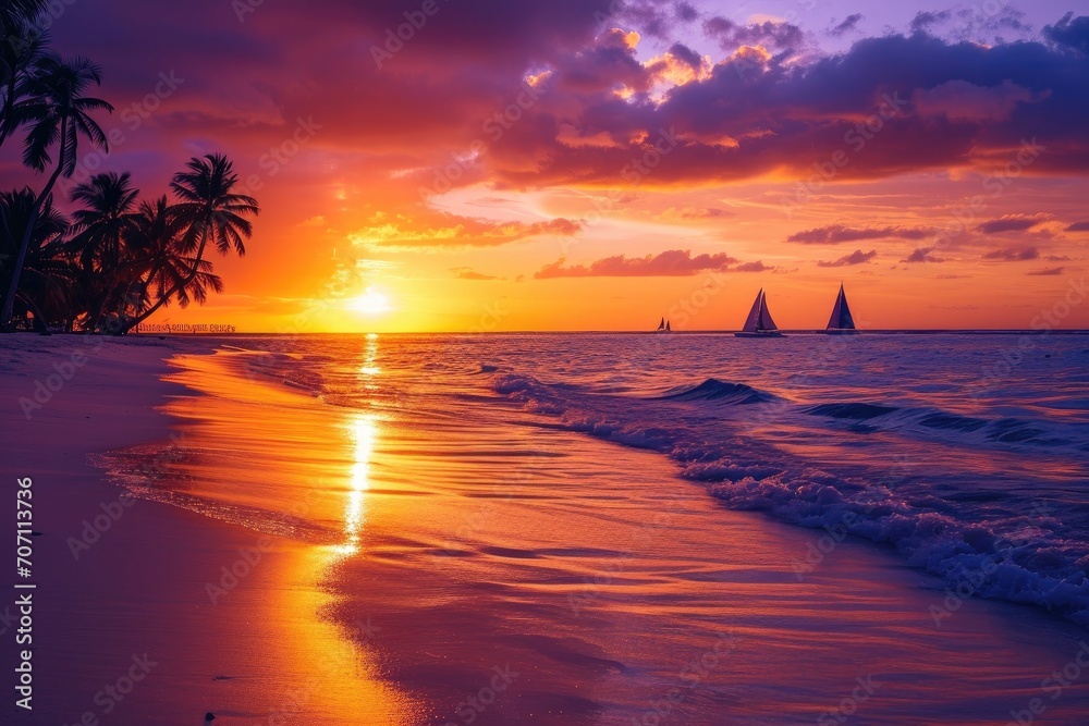 As the fiery sun sets over the tranquil ocean, the afterglow illuminates the peaceful horizon, casting a serene spell on the tropics and creating a breathtaking landscape of nature's beauty