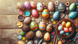 Festive Easter Egg Decorating Flat Lay with Art Supplies on Wooden Background
