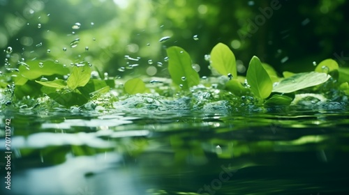 On the water's surface, green leaves. Gorgeous background of ripples in the water for showcasing products. 