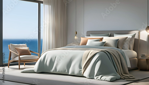 Minimalistic interior of a modern bedroom with pillows, a blanket against the backdrop of a view from the window to the ocean and sea, the concept of relaxing on the ocean, © Perecciv