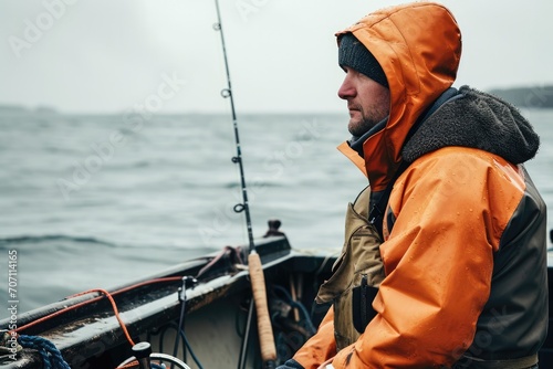A skilled fisherman in an orange jacket stands against the serene backdrop of water and sky, patiently casting his fishing rod into the depths below