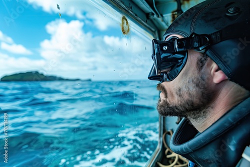 A curious man gazes out of a window, his goggles reflecting the vast blue expanse of the ocean and the fluffy white clouds in the sky above, eager to explore the underwater world beneath © AiAgency