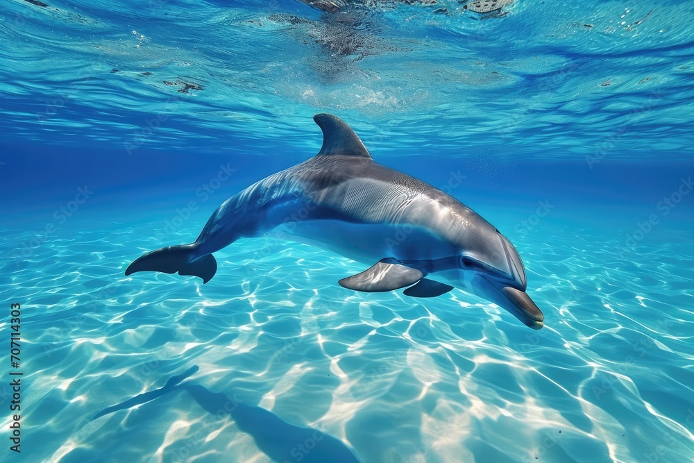 Obraz premium A majestic bottlenose dolphin gracefully navigates through the aqua depths, showcasing the beauty and intelligence of these magnificent marine mammals