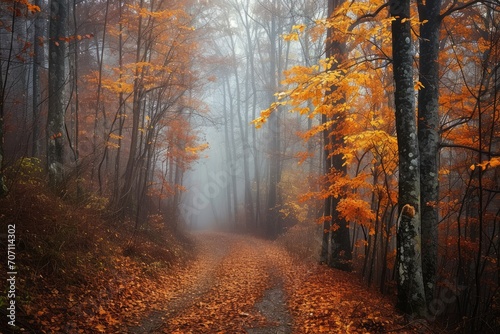 A tranquil stroll through a mystical autumn woodland, where golden sunlight peeks through the fog and oldgrowth trees stand tall amidst a sea of orange leaves