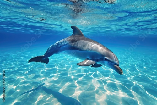A majestic bottlenose dolphin gracefully navigates through the aqua depths, showcasing the beauty and intelligence of these magnificent marine mammals