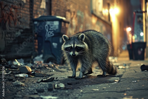 A curious raccoon stands on the street, its masked face gazing up at the towering buildings as it explores the unfamiliar outdoor world with its nimble mammalian movements photo