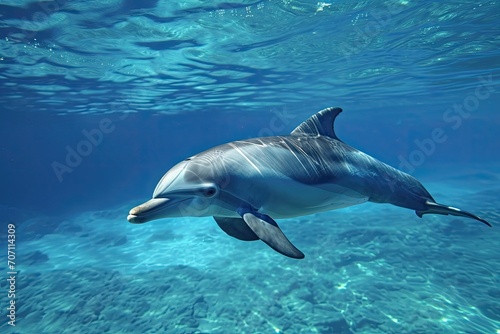 A graceful bottlenose dolphin glides through the crystal clear water, showcasing the beauty and wonder of these intelligent marine mammals in their natural habitat