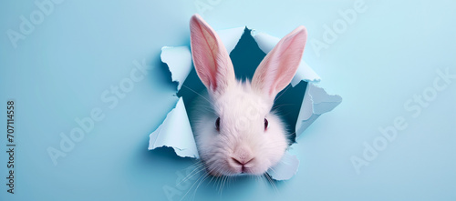 Cute little white Easter bunny peeking out of a hole in paper. Empty copy space.
