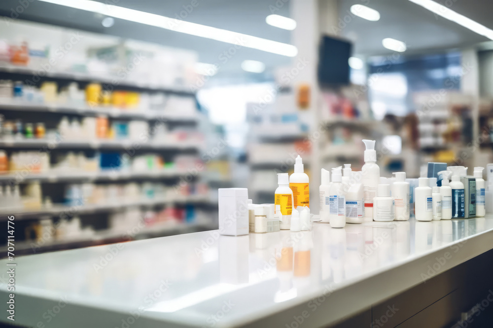 Pharmacy store blurred background without people. AI generative