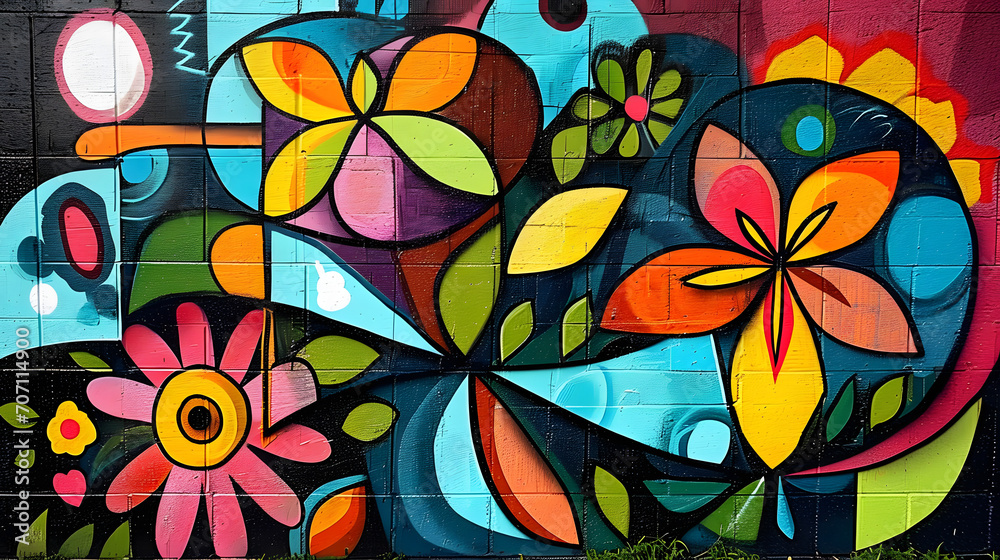 Wall graffiti street art graffiti doodle art colorful shapes geometric collage vibrant colors, floral