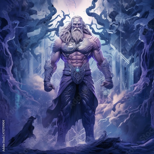 Full body old Thor in blue and violet futu Ai generated art