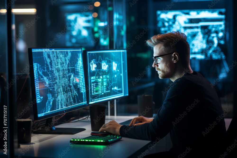 A man works at a computer. Modern technologies in business. AI g A man works at a computer. Modern technologies in business. AI g