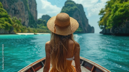  woman in a bikini and hat enjoys a boat ride on a beautiful summer day at the beach, surrounded by the sea, sand, and tropical nature