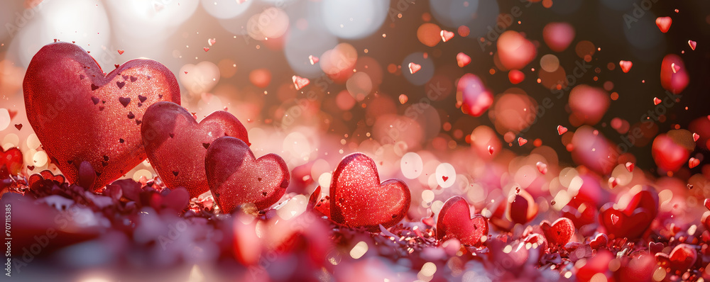 Panoramic backdrop of red hearts on bokeh background. Valentine day concept.