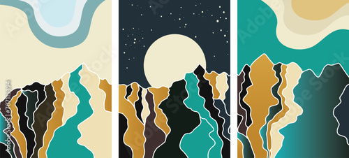 Set of vector illustrations of abstract mountains, moon, sun, nature. Gold color, minimalist illustration. Vector file, design elements. Banner, poster, cover, flyer template. cards.