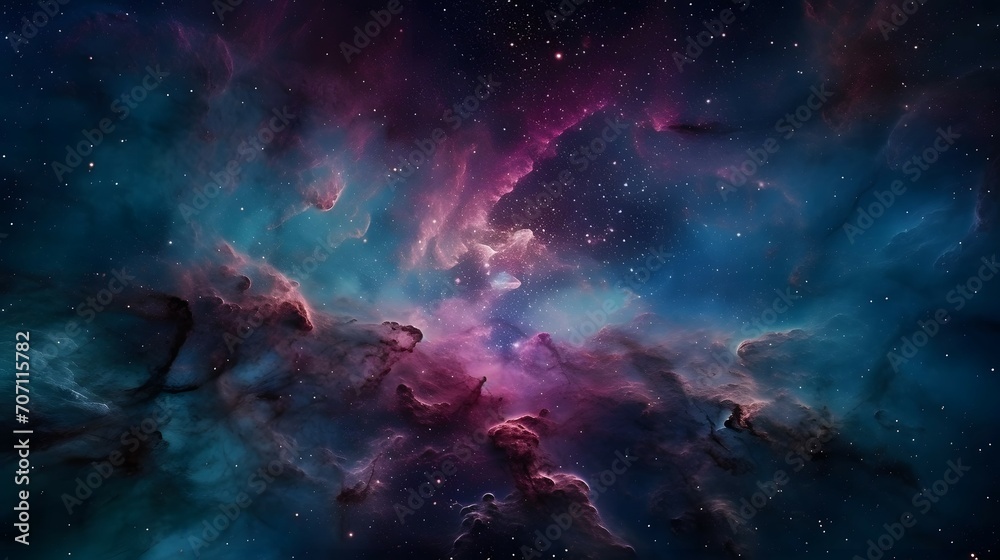Imagine a vast and vibrant nebula that stretches across the cosmos. Its colors are a breathtaking combination of deep blues, rich purples, and shimmering pinks, all swirling and intermingling in a os - obrazy, fototapety, plakaty 