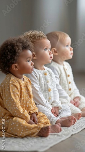 Isolated on a grey background, a row of multiethnic babies sit side by side, staring away.