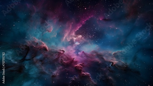Imagine a vast and vibrant nebula that stretches across the cosmos. Its colors are a breathtaking combination of deep blues, rich purples, and shimmering pinks, all swirling and intermingling in a os
