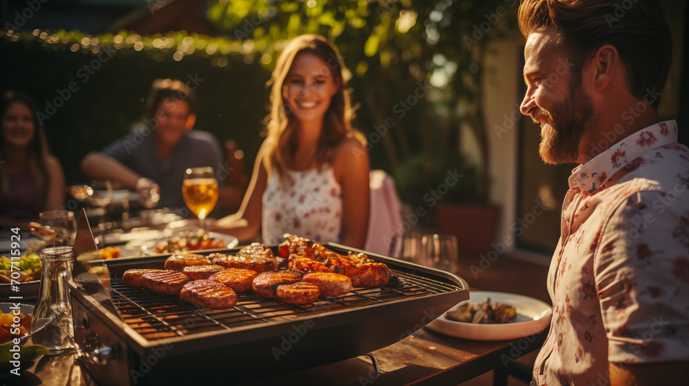Group of friends having barbecue party on the terrace of a house