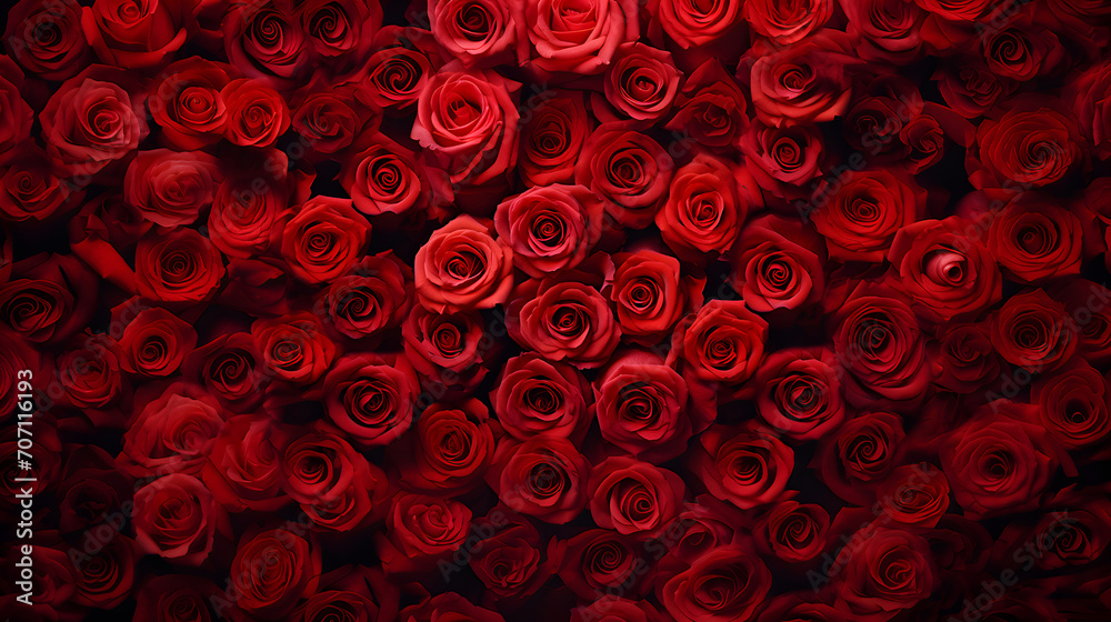 Lots of beautiful red roses in the background daylight - obrazy, fototapety, plakaty 