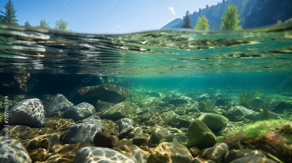 River underwater rocks on a shallow riverbed with clear water. Underwater scenery, algae, mountain river cleanliness. Underwater river habitat. Little stream with gravel, Ai generated image