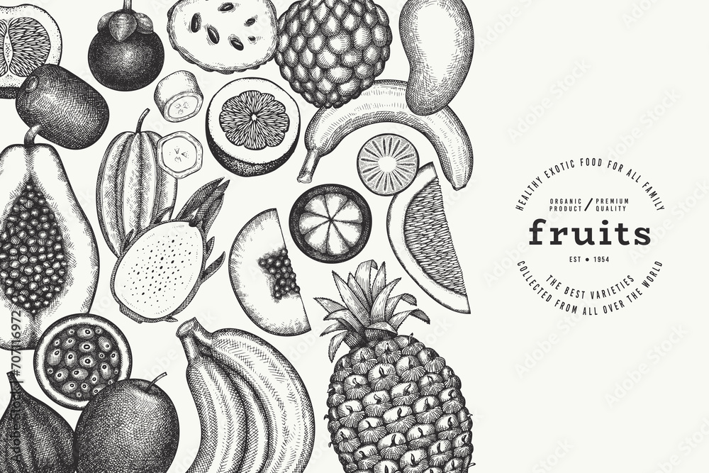 Tropical Fruit Design Template. Vector Hand Drawn Exotic Fruit Banner. Vintage Style Menu Illustration. Tropical Fruit Design Template. Vector Hand Drawn Exotic Fruit Banner. Vintage Style Menu Illustration.
