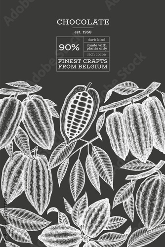 Cocoa design template. Chocolate cocoa beans background. Vector hand drawn illustration on chalk board. Vintage style illustration.