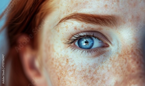 close-up portrait of a woman with freckles skin and blue eyes photo
