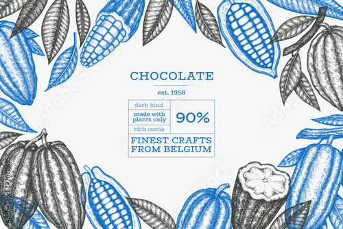 Cocoa design template. Chocolate cocoa beans background. Vector hand drawn illustration. Vintage style illustration.