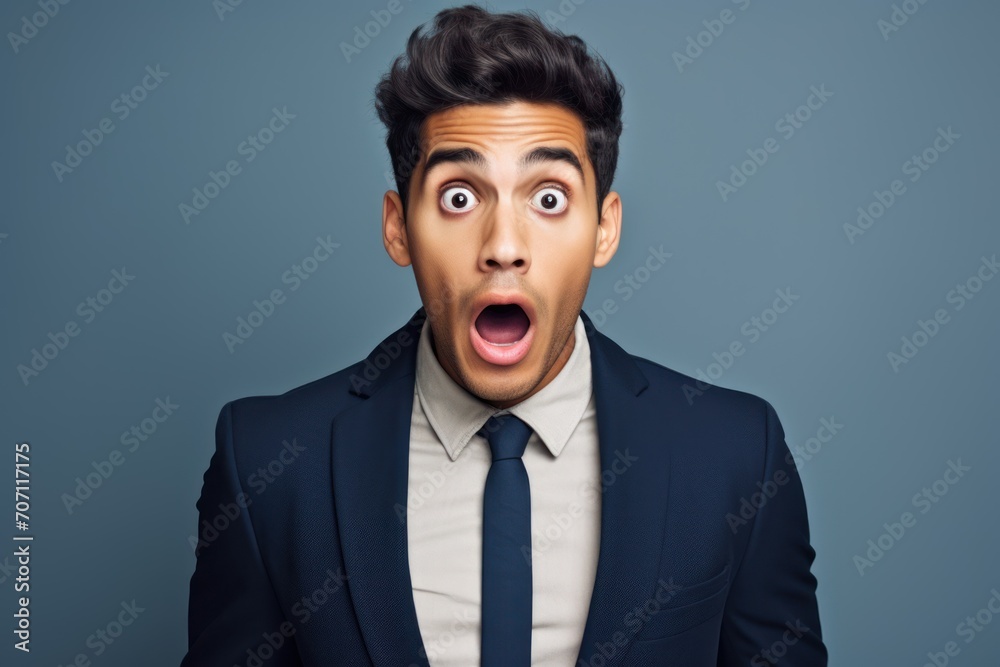 Young man with hispanic features dressed in suit is shocked, solid background Young man with hispanic features dressed in suit is shocked, solid background