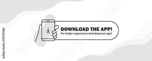 Download the app now. Simple Download the app now cover or banner with hand holding smartphone. Download our app sticker or label call to action. Hand Holding Mobile. Hand with phone. Ui element.