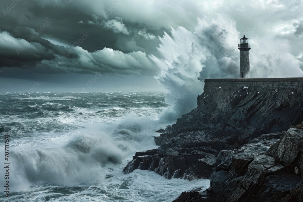 The solitary lighthouse stands tall on the rugged cliff, its beacon piercing through the stormy sky and guiding ships to safety amidst the crashing waves and rocky coast