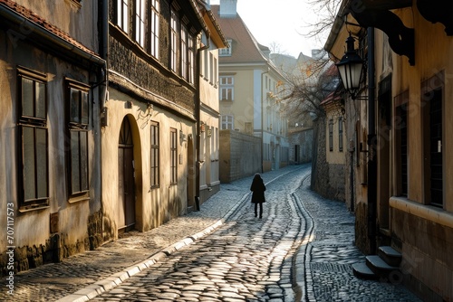 A solitary figure braves the chilly winter air as they make their way down the narrow cobblestone street, surrounded by quaint buildings and leafless trees, taking in the quiet beauty of the old town