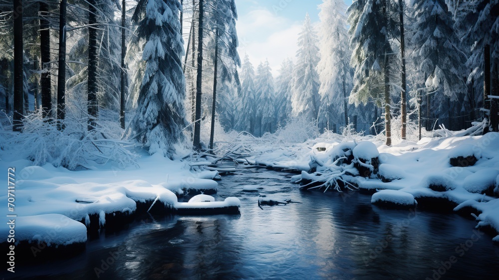 Fototapeta premium Magical Transformation: Winter Enchants Dense Forest