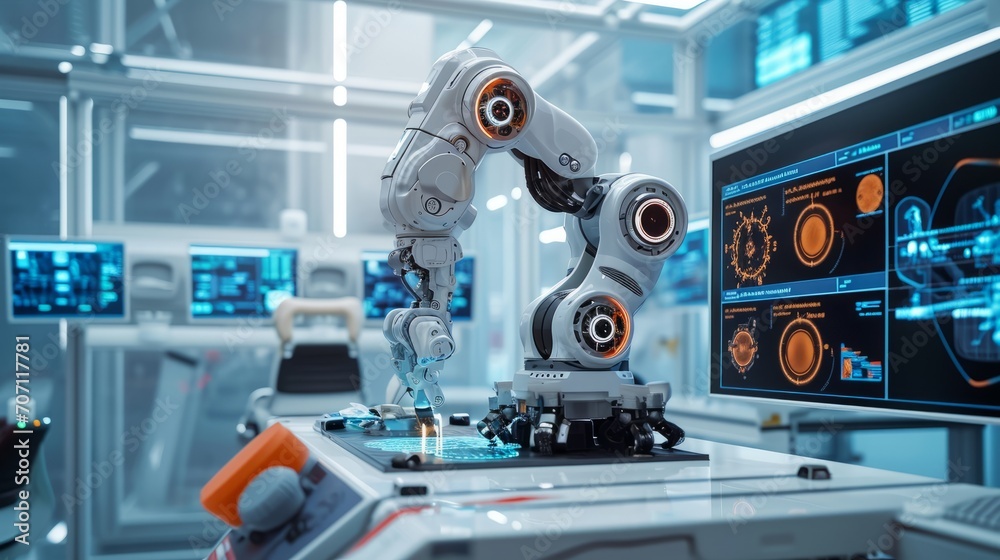 High-Tech Robotic Arm Conducting Analysis in Laboratory High-Tech Robotic Arm Conducting Analysis in Laboratory