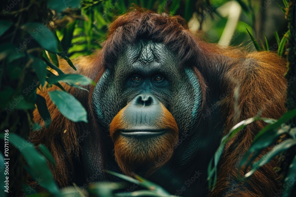 A majestic great ape gazes intently at the camera, its intelligent eyes conveying a sense of wonder and connection to the wild world it calls home
