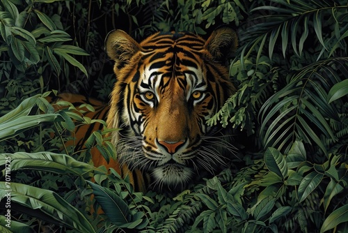 A majestic bengal tiger prowls through the lush jungle  its powerful presence evoking a sense of wild beauty and untamed freedom