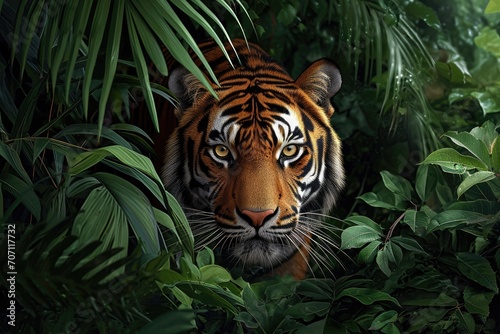 A majestic bengal tiger prowls through the lush green jungle, its powerful presence captivating all who encounter this magnificent terrestrial animal