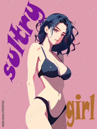  Beautiful girl in a bikini. Vector illustration. sultry girl in a swimsuit. illustration for the design of posters, stickers, banners and signs