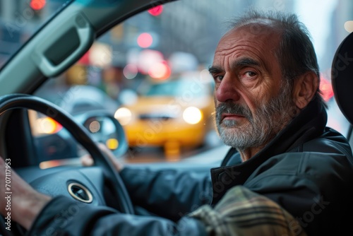 A bearded man gazes determinedly through the rearview mirror while driving his sleek car down the bustling city street, his focused expression framed by the reflection of the urban landscape © AiAgency